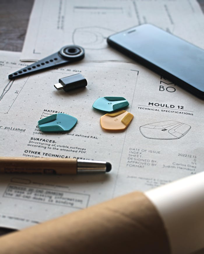 who-we-are Close-up of a creative workspace featuring schematics, guitar picks, and design tools.