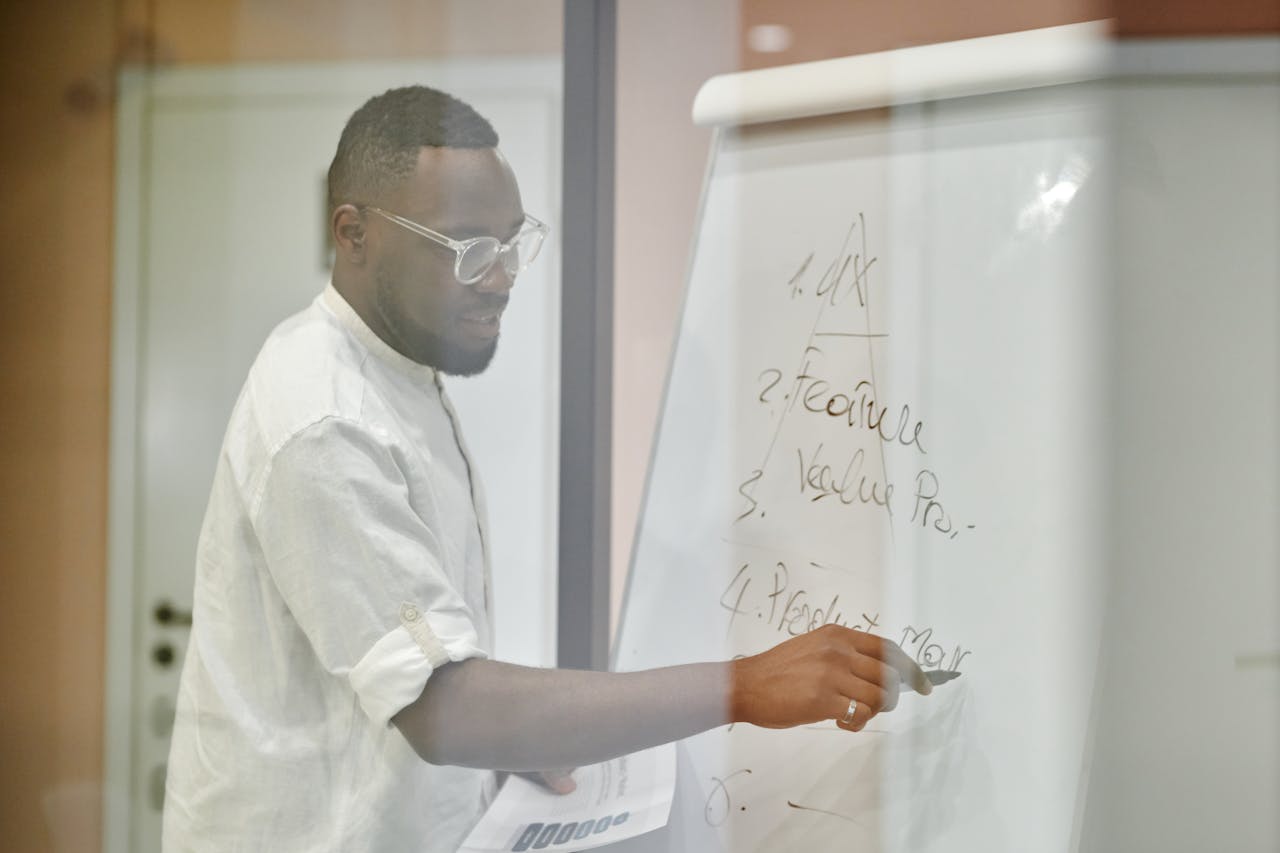 services-01 Professional man presenting business strategy on a whiteboard in a modern office setting.