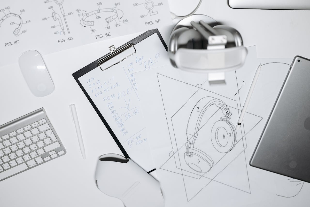 about-us Top view of a workspace with headphone design sketches, keyboard, and mouse.
